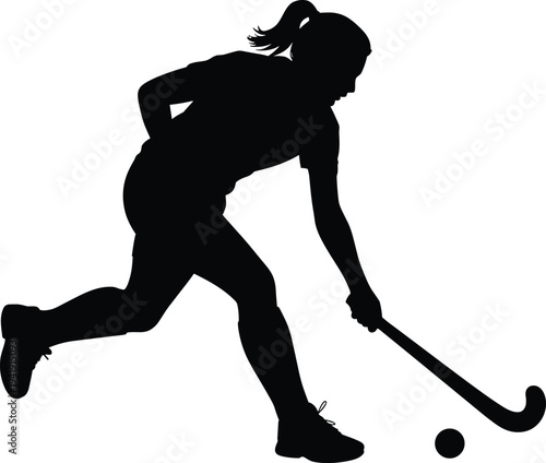 Silhouette illustration of athlete playing field hockey, dynamic sports action vector concept, female player with stick controlling ball, teamwork, competition, fitness and athletic lifestyle design