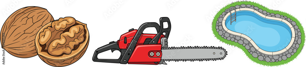 Naklejka premium Walnut with Kernel, Red Chainsaw Tool, and Backyard Swimming Pool Vector Illustration Collection Isolated on Background