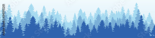 Layered pine forest landscape with misty evergreen trees in blue tones creating a calm woodland nature background, vector illustration