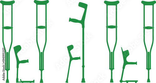 Collection of green medical crutches in various designs and styles isolated on transparent background