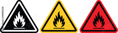 Three triangular fire hazard warning signs with different colors and borders