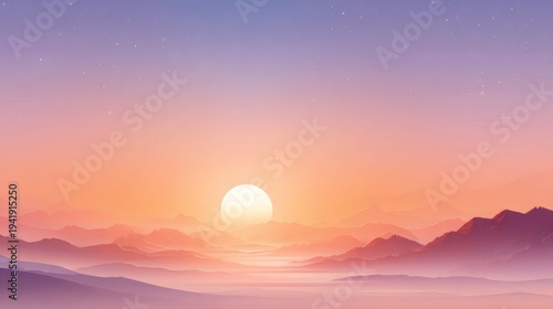 Serene Dawn Panorama: The rising sun bathes a tranquil mountain range in a soft, dreamy embrace of pastel hues, symbolizing the start of a fresh day. 