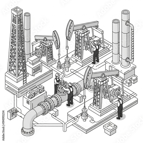 Industrial Oil Refinery Facility with Workers and Equipment.