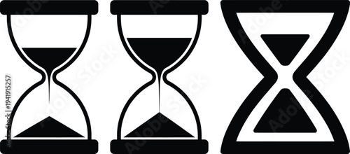 Three hourglasses in different stages of sand flow, symbolizing time and patience