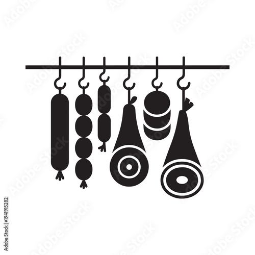 Black and white illustration of various sausages and cured meats hanging