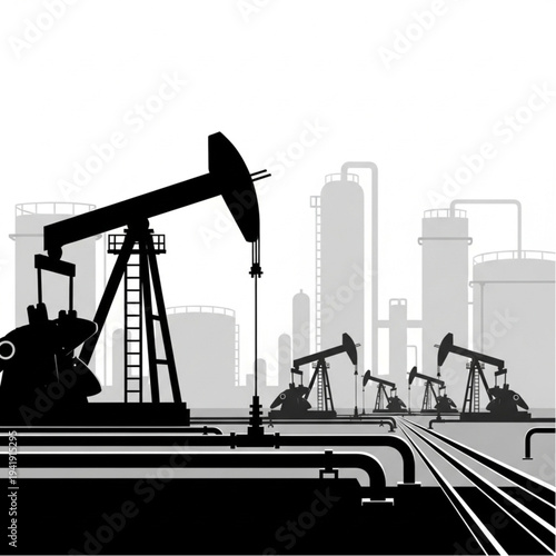 Oil rigs and refinery infrastructure in industrial landscape.