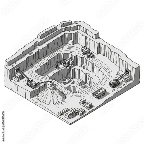 Underground mine infrastructure with tunnels and machinery.