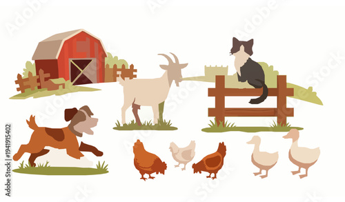 farm, agriculture, pet, pets, animal, animals, dog, cat, chicken, duck, goat, sheep, barn, fence, field, crop, vegetable, cartoon, cute, playful, children, kids, illustration, vector, design, flat, ch