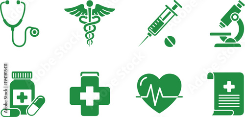 Set of medical and healthcare icons featuring stethoscope syringe microscope pills heart and medical documents isolated on transparent background