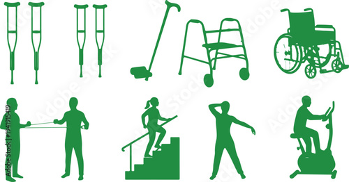 Collection of medical mobility aids and physical therapy equipment icons isolated on transparent background
