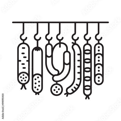 Line drawing depicts a row of various sausages hanging from hooks