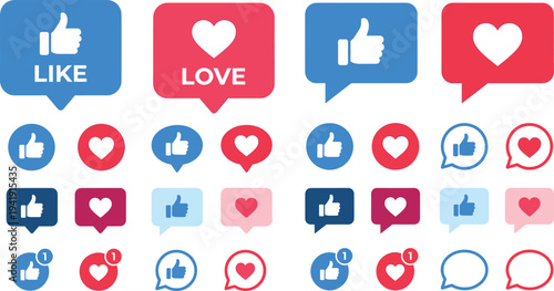 Social Media Like Love Reaction Icon Set with Notification Chat Bubbles Modern UI Elements for Digital App Interface Vector Illustration
