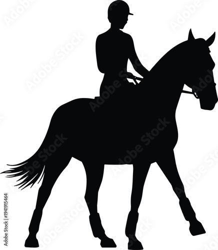 Silhouette illustration of equestrian rider on horse, upright posture with helmet and reins, horseback riding vector concept, sports, outdoor lifestyle and animal design element
