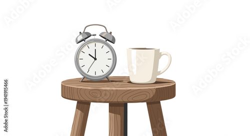 A classic grey alarm clock showing approximately 10:00 and a plain white coffee mug are neatly arranged on a sturdy wooden stool.