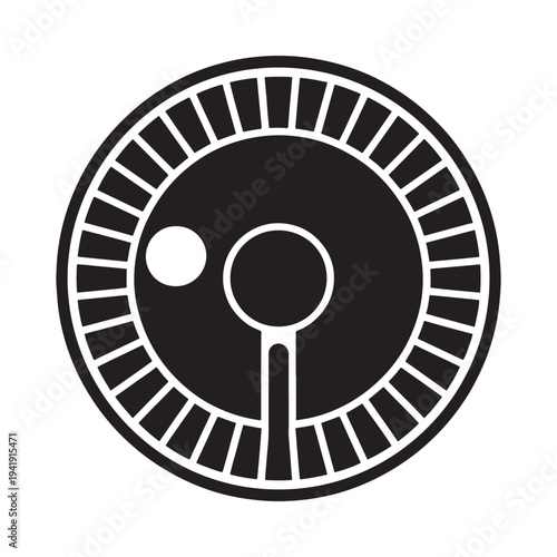 Black and white illustration of a circular control knob with a pointer