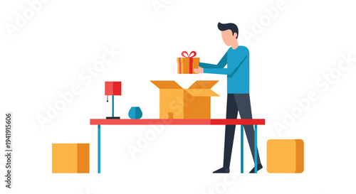 A stylized man is standing next to a red-legged table, placing a small yellow gift box into a large open cardboard box.
