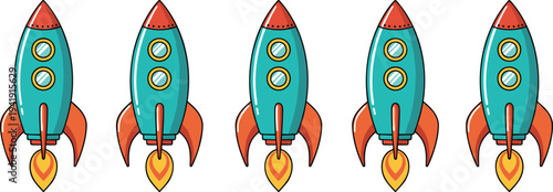 Colorful retro space rocket vector collection featuring five teal and orange spacecraft launching with fiery exhaust flames.