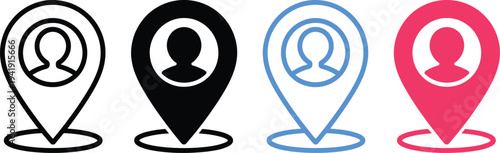 Four distinct location markers with different symbols and colors