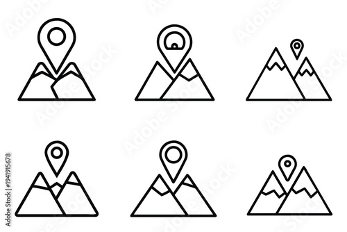 Mountain and location pin outline icon set featuring peak summit and map point for hiking adventure and outdoor travel and more vector illustration or editable stroke