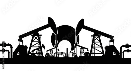 Oil pumps and rigs in operation against a white background.