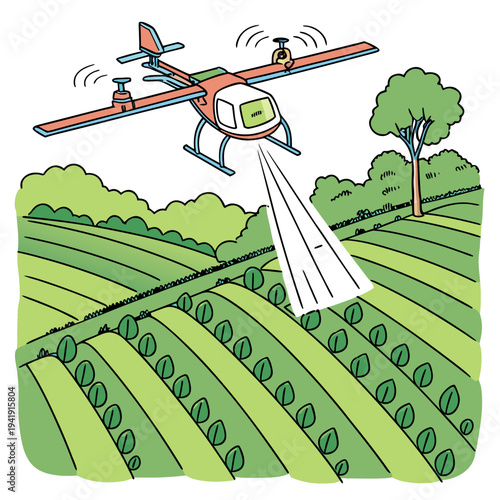 Illustration of a farming drone spraying crops in a field, modern agricultural technology concept