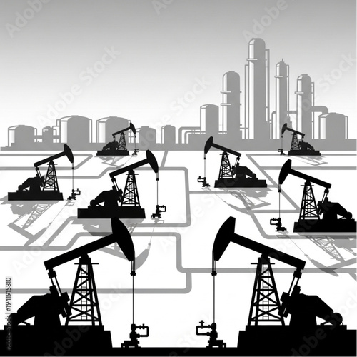 Oil rigs operating in an industrial landscape with city skyline.