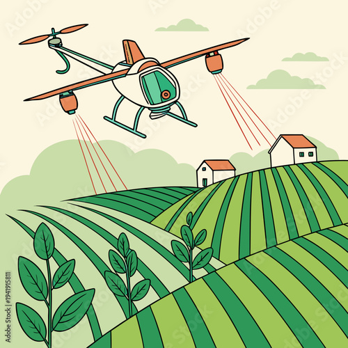 Agricultural drone surveying green fields and houses, modern smart farming technology illustration
