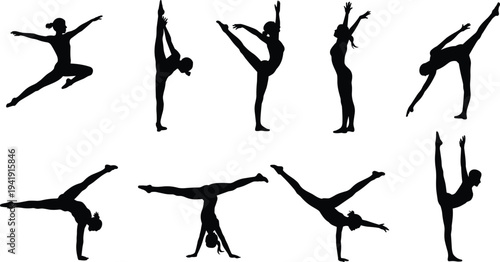 Silhouette illustration of gymnast and dancer performing leaps, splits, handstands and extensions, dynamic sports vector concept, flexibility, balance, strength and artistic movement design