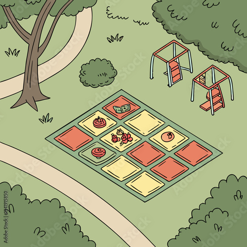 Playful illustration of a park picnic blanket with snacks and toys, featuring a swingset in the background