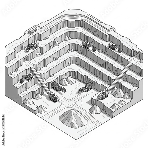 Underground coal mine with multiple levels and excavation equipment.