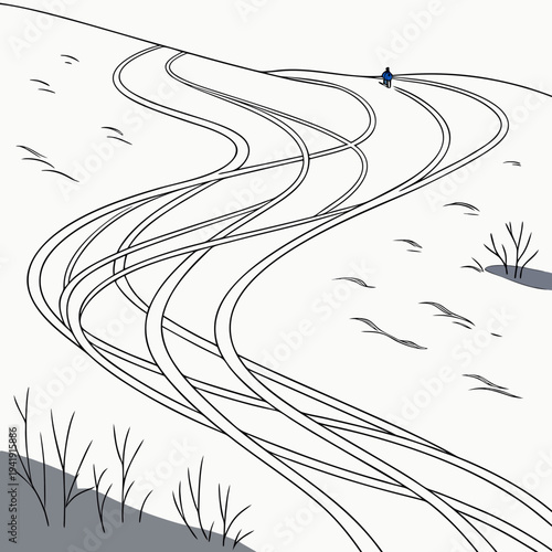 Solo skier leaving tracks down a snowy hillside in minimalist line art illustration
