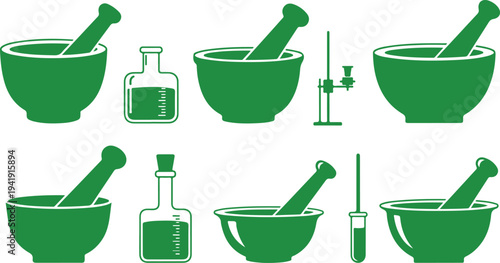 Set of green medical and laboratory tools featuring mortar pestles syringes and lab equipment isolated on transparent background
