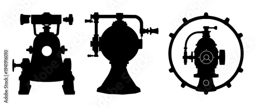 Vintage deep-sea diving bell set with solid black silhouette on white background featuring underwater exploration, maritime, nautical with historical and industrial design