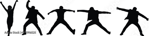 Silhouette illustration of people jumping and dancing in energetic poses, dynamic sports vector concept, vitality, freedom, lifestyle, celebration and expressive human movement design