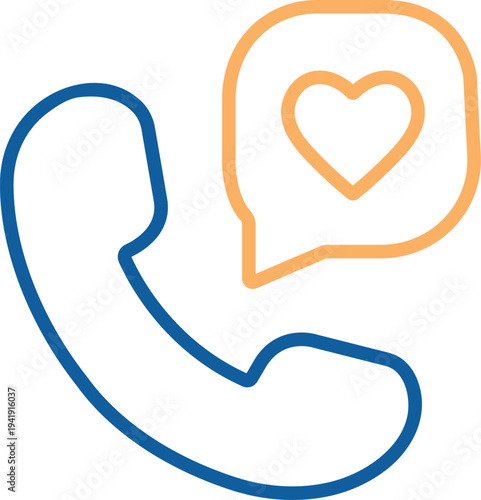 Support Hotline Icon with Telephone Receiver and Heart Speech Bubble in Line Art