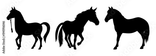 Leatherwork stitching pony set with solid black silhouette on white background featuring professional, artisan, craft trade with leatherwork and stitching