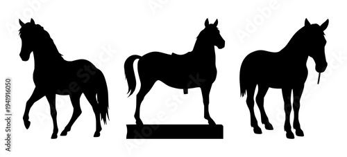 Leatherwork stitching pony set with solid black silhouette on white background featuring professional, artisan, craft trade with leatherwork and stitching