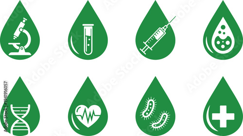 Set of medical and scientific icons featuring water droplet shapes with microscope syringe DNA heart virus and plus symbols
