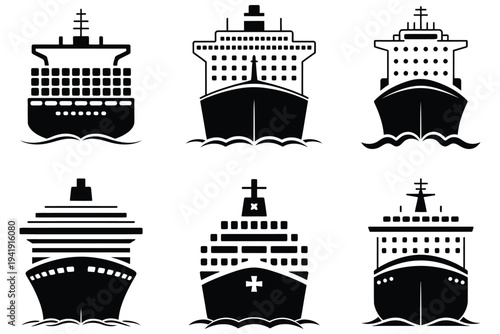 Maritime Ship Icon Set Vector Illustration, Cargo, Container, Hospital, and Cruise Ships Naval Silhouette Front View, Marine Transportation Symbols for Shipping, Logistics, Port, and Ocean Travel
