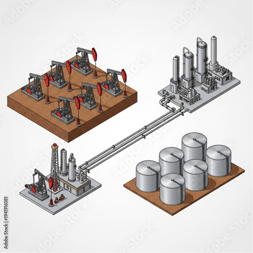 Oil extraction and refining process illustrated with pipelines and storage tanks.