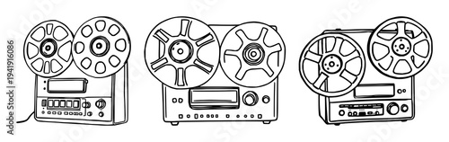 Retro reel-to-reel tape recorder set with doodle style illustration featuring vintage audio aesthetic, thick outlines, analog technology with recording equipment and old-fashioned design