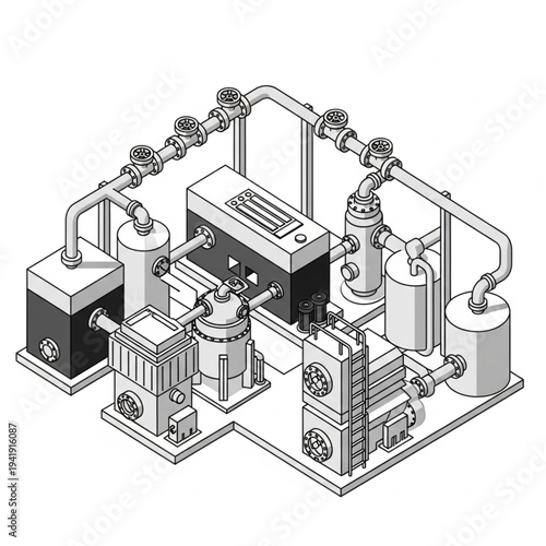 Industrial machinery with pipes and tanks in a complex system.