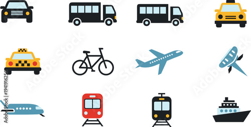 Transportation Vehicle Icon Set with Car, Taxi, Bus, Bicycle, Airplane, Train and Ship for Travel and Mobility Vector Illustration
