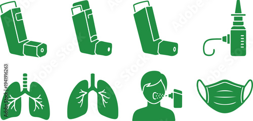 Medical respiratory devices and protective gear icons for health and wellness illustrations isolated on transparent background