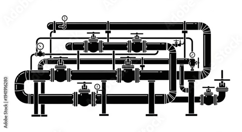 Complex industrial pipeline system with multiple valves and connections.