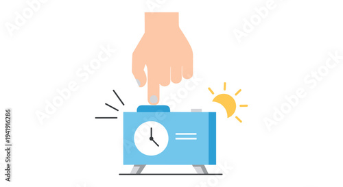 A light-skinned hand is pressing the snooze button on a light blue analog alarm clock with a white face and a yellow sun icon.