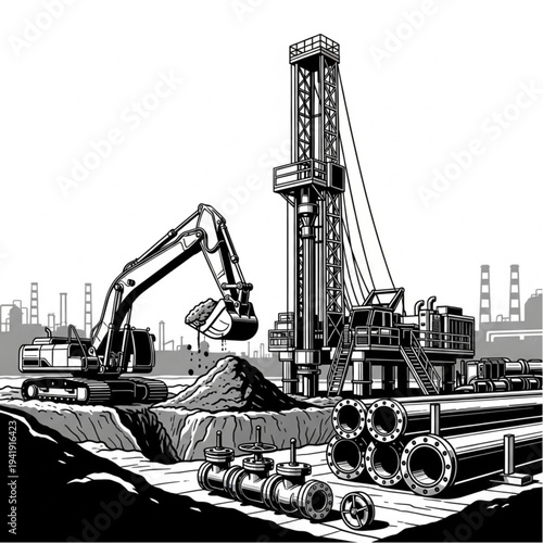 Industrial construction site with excavator and drilling rig.