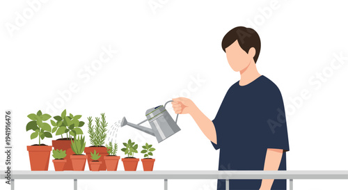 A person in a dark shirt is actively watering a diverse collection of green potted plants lined up on a light gray railing against a plain white background.