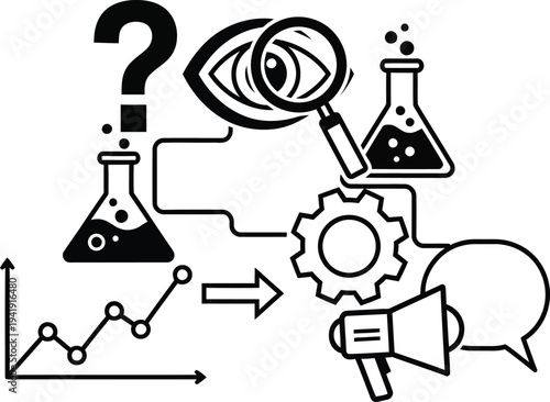 Scientist examines data with magnifying glass and beaker in lab setting with graph and megaphone wqe 675