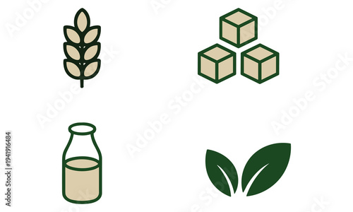 Vector illustration of four elements related to oat milk production in a simple design style